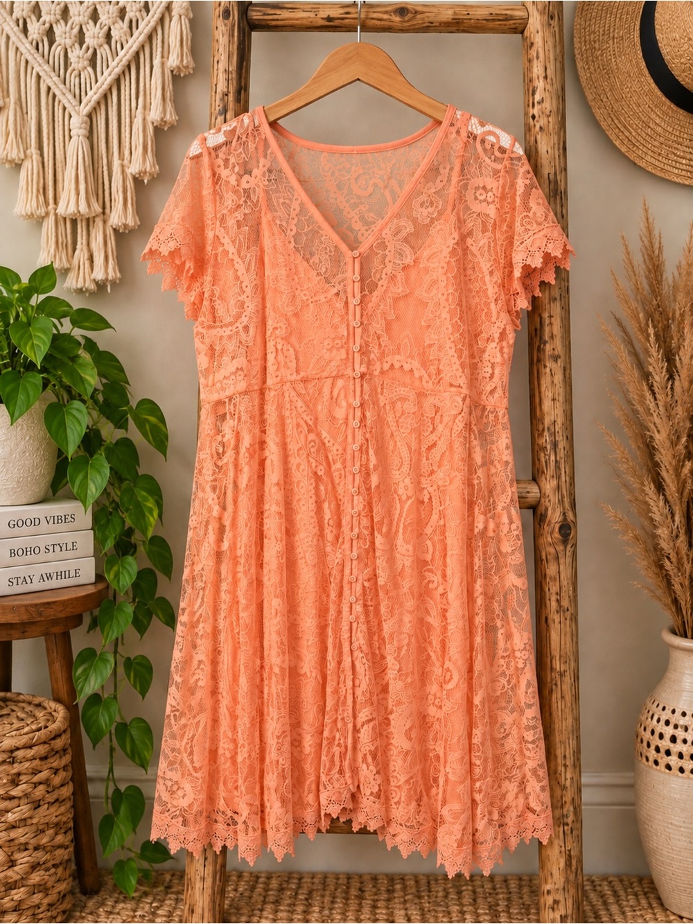 torrid Peach Lace Button-Front V-Neck Dress